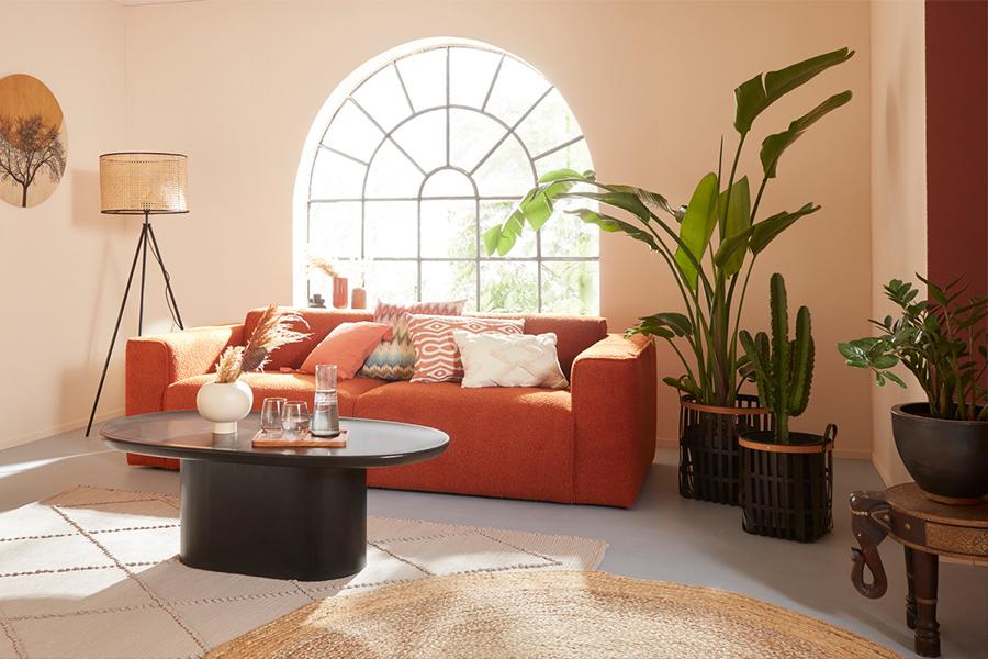 Wohnzimmer mit orangefarbenem Sofa, dekorativen Kissen und grünen Pflanzen, das eine einladende und gemütliche Stimmung vermittelt