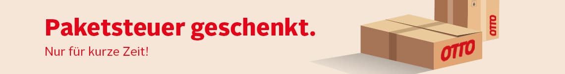 Paketsteuer geschenkt – nur für kurze Zeit, daneben gestapelte Versandkartons mit rotem Otto-Logo