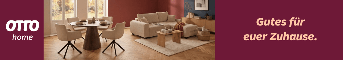 otto home – Gutes für euer Zuhause. Helles Wohn- und Esszimmer mit Sofa, Esstisch und Stühlen in warmen Naturtönen