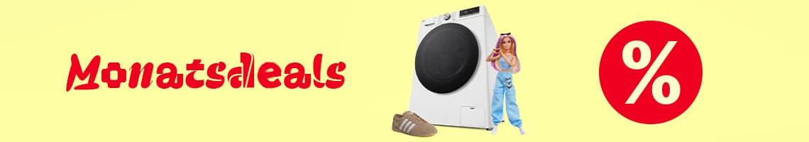 Monatsdeals – Waschmaschine mit Puppe und Schuh daneben, rechts roter Kreis mit großem Prozentzeichen
