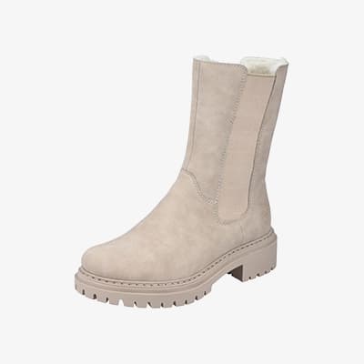 Beiger Stiefel mit mittelhohem Schaft und grober Profilsohle vor weißem Hintergrund