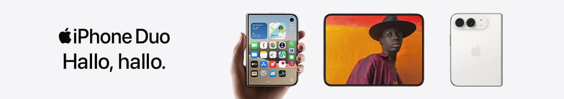 Apple iPhone Duo – Hallo, hallo. Klappbares iPhone mit App-Startbildschirm, Querformatfoto einer Person und Rückseite in Weiß