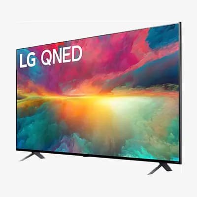 LG QNED – Flachbildfernseher mit buntem, abstraktem Bild auf dem Bildschirm, seitliche Ansicht