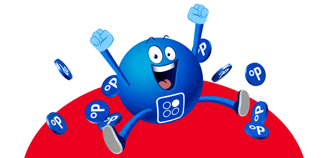 Freudiger blauer Ball mit Armen und Beinen springt und jubelt, umgeben von kleinen blauen Münzen mit "P"-Symbol.