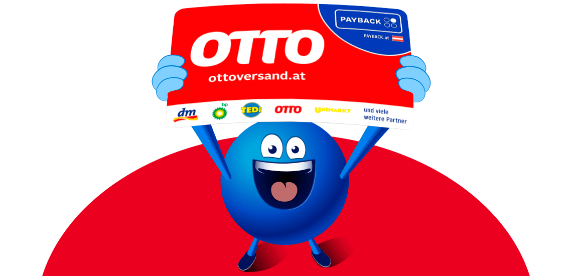 OTTO ottoversand.at Payback-Karte – Blaue Cartoonfigur hält rote Karte mit dm, bp, TEDi, OTTO, Unimarkt und anderen Logos