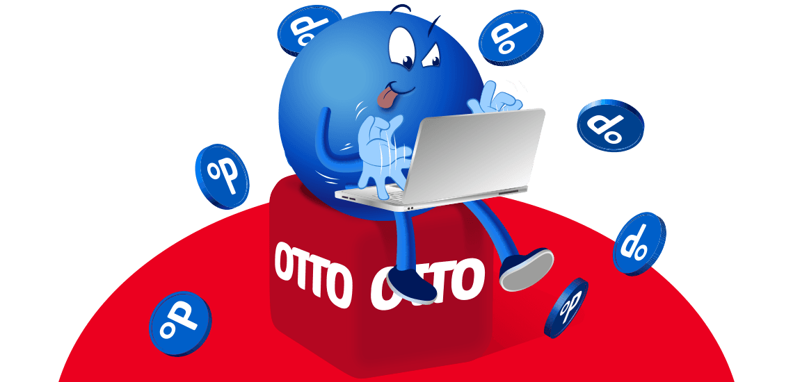 OTTO – Blaue Figur sitzt mit Laptop auf rotem Würfel, umgeben von blauen Münzen