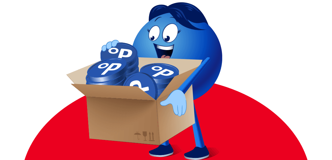 Blaue Figur mit lachendem Gesicht hält einen Karton voller blauer Münzen mit der Aufschrift "p"