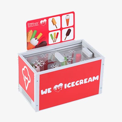 WE LOVE ICECREAM – Roter Eiscremebehälter mit Bildern von verschiedenen Eissorten und einem durchsichtigen Deckel