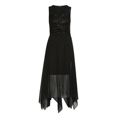 Schwarzes ärmelloses Kleid mit Paillettenoberteil und asymmetrischem Chiffonrock