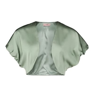 Kurze, grüne Satinjacke mit weiten Ärmeln und offenem Design, auf einem weißen Hintergrund.