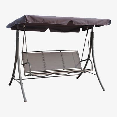 Braune Garten-Schaukelbank mit Dach, Metallgestell und Sitzfläche für drei Personen