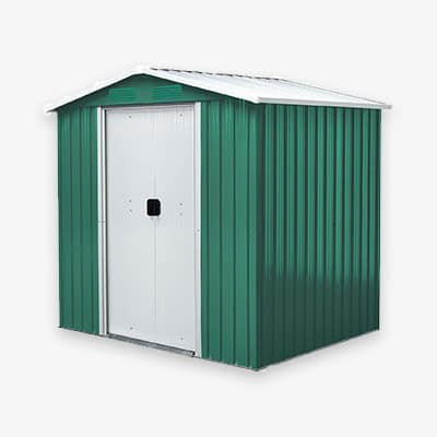 Grünes Gartenhaus mit weißer Tür und weißem Dach, rechteckige Form mit Satteldach