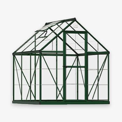 Grünes Gewächshaus mit Glaswänden und -dach, große Tür in der Vorderansicht