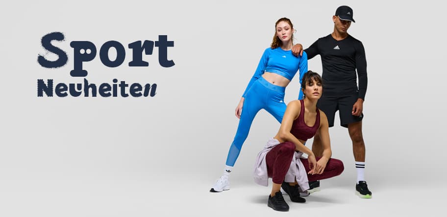 Sport Neuheiten – Drei Personen in Sportkleidung, eine in blauem Outfit, eine in weinrotem Outfit und eine in schwarzem Outfit