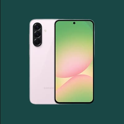 Samsung-Smartphone in Weiß, Vorder- und Rückansicht, großes Display mit grün-rosa Hintergrund, drei Kameras hinten