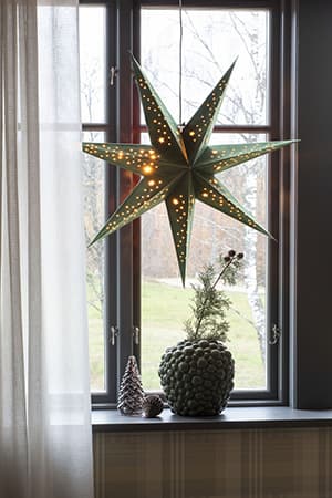 Leuchtender Stern hängt vor einem Fenster, darunter eine dekorative Vase mit Zweigen und ein kleiner Tannenzapfen