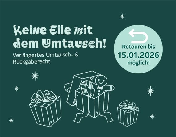 Keine Eile mit dem Umtausch! Retoure bis 15.01.2026 möglich – Illustration von Geschenken und einem Lebkuchenmann in einer Schachtel