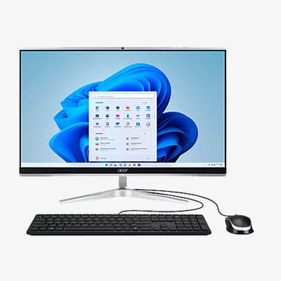 Acer Desktop-PC mit Monitor, Tastatur und Maus, zeigt Windows-Startbildschirm mit Apps und blauem Hintergrund