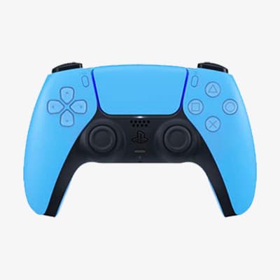 Blauer PlayStation-Controller mit schwarzen Griffen und Tasten, frontalansicht