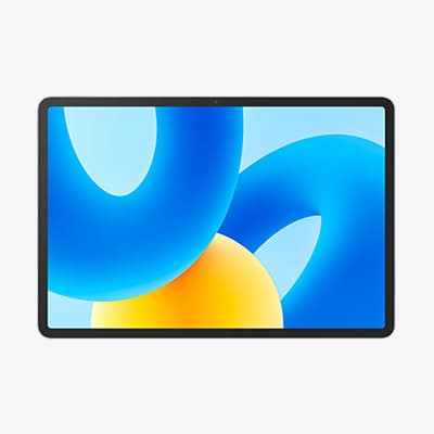 Tablet mit Bildschirmhintergrund aus blauen und gelben Kreisen auf weißem Hintergrund