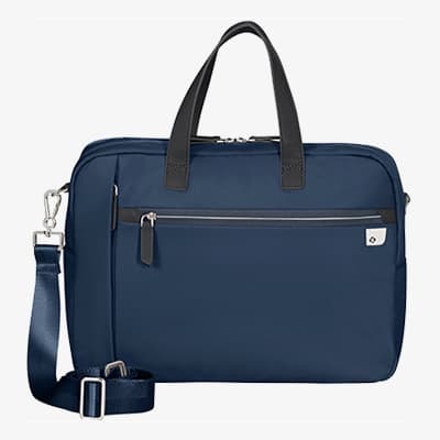 Blaue Aktentasche mit zwei schwarzen Tragegriffen und abnehmbarem Schultergurt, vorderes Fach mit Reißverschluss