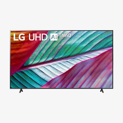 Flachbildfernseher zeigt ein farbenfrohes abstraktes Muster mit Blau-, Lila- und Weißtönen