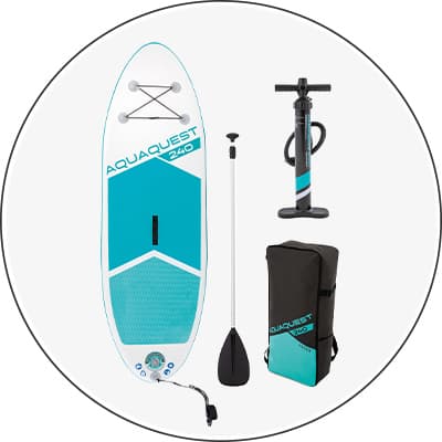 Aquaquest 240 SUP-Set mit Paddel, Pumpe und Transporttasche.