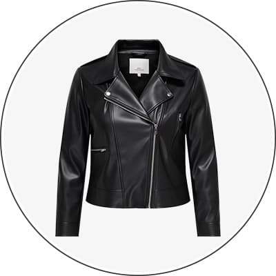 Schwarze Lederjacke mit asymmetrischem Reißverschluss und Kragen in Kreisrahmen.