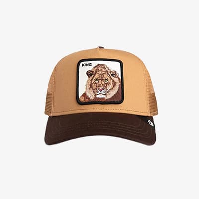 Cap with lion patch labeled "King", brown visor and beige mesh back.