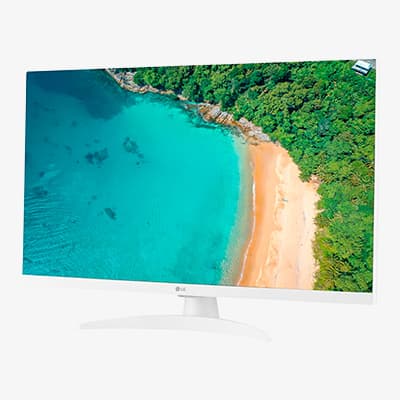 LG-Monitor zeigt Strand mit türkisfarbenem Wasser und grünem Wald von oben