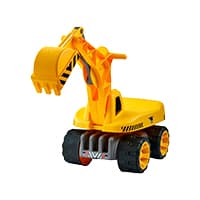 Gelber Spielzeugbagger mit schwarzen Rädern und beweglichem Greifarm