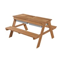 Picknicktisch aus Holz mit zwei Sitzbänken und integriertem Stauraum unter der Tischplatte.