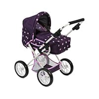 Lila Kinderwagen mit weißen Punkten und schwarzen Griffen.
