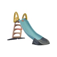 Kinder-Rutsche mit blauer Rutschfläche und braunem Klettergerüst