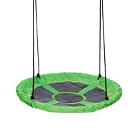 Grüne runde Nestschaukel mit schwarzen Seilen und Netz in der Mitte.