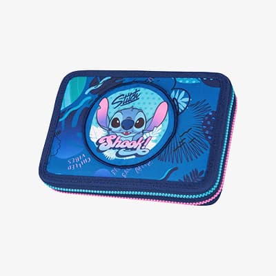 Stitch Etui in Blau mit buntem Reißverschluss und Stitch-Motiv in der Mitte.