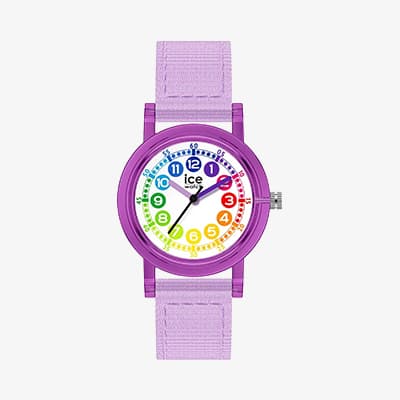 Kinderuhr mit regenbogenfarbenem Zifferblatt und lilafarbenem Armband.