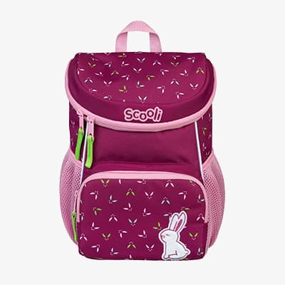 Lila Scooli-Rucksack mit rosa Details und Hasenmotiv auf der Vorderseite.