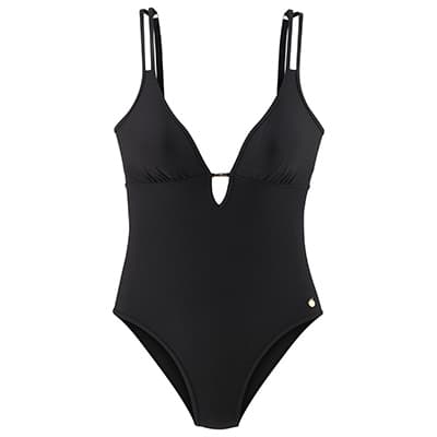 Schwarzer Badeanzug mit V-Ausschnitt und Cut-Out-Detail vorne.