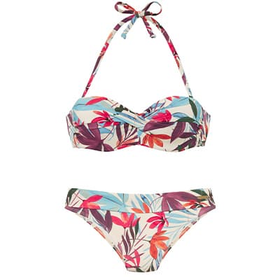 Bikini mit tropischem Blumenmuster auf weißem Hintergrund. Oberteil mit Neckholder und Schleife.