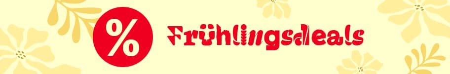 % Frühlingsdeals – Roter Text und Blumenmuster auf gelbem Hintergrund