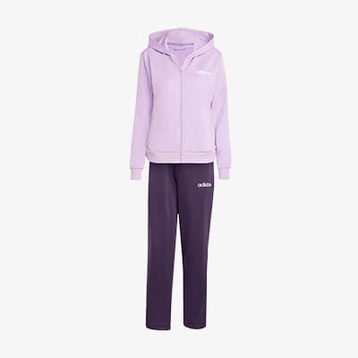 Lila adidas Trainingsanzug für Damen mit Kapuzenjacke und dunkler Hose, Logos auf Brust und Oberschenkel