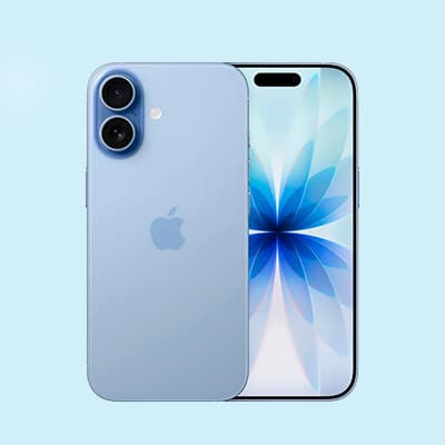 Blaues Smartphone mit Blumenmotiv auf dem Bildschirm, Rückseite zeigt zwei Kameralinsen und das Apple-Logo.