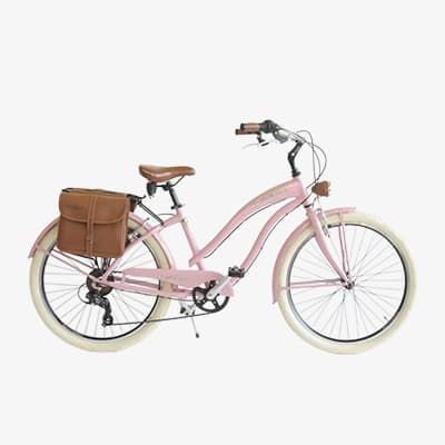 Rosa Cruiser-Fahrrad mit brauner Satteltasche und weißen Reifen vor weißem Hintergrund.