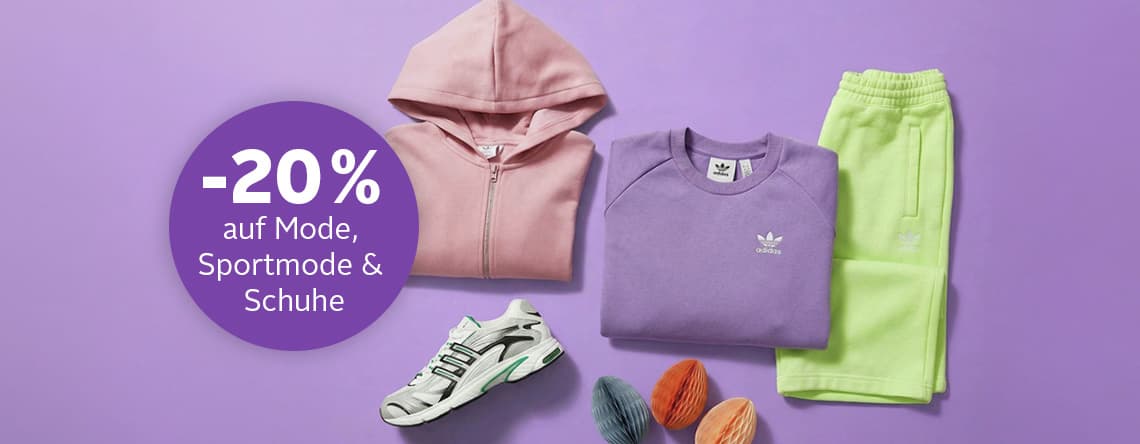-20 % auf Mode, Sportmode & Schuhe – Hoodie, Sweatshirt, Jogginghose, Sneaker und Deko auf lila Hintergrund