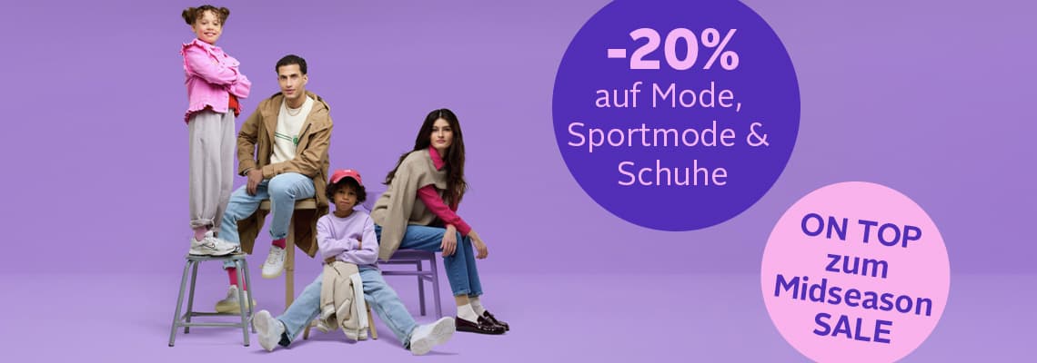 -20 % auf Mode, Sportmode & Schuhe, on top zum Midseason Sale – vier Kinder posieren in lässiger Kleidung vor lila Hintergrund
