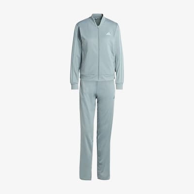 Heller adidas Trainingsanzug für Damen mit Reißverschlussjacke und langer Hose, frontal vor weißem Hintergrund gezeigt