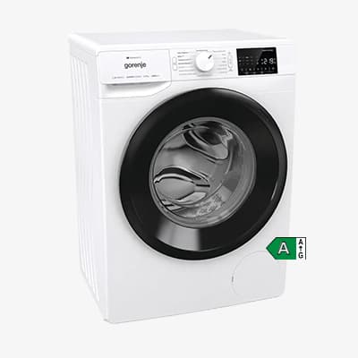 Frontlader-Waschmaschine in Weiß mit rundem Bullauge und Display, Energielabel A auf der Vorderseite