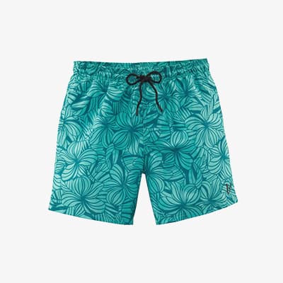 Türkise Badeshorts mit dunkelgrünem, dichtem Blätterprint und schwarzer Kordel am Bund