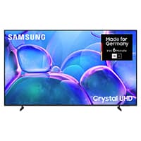 Made for Germany – Samsung Fernseher mit blau-violettem Blasenmotiv auf dem Bildschirm und Schriftzug Crystal UHD